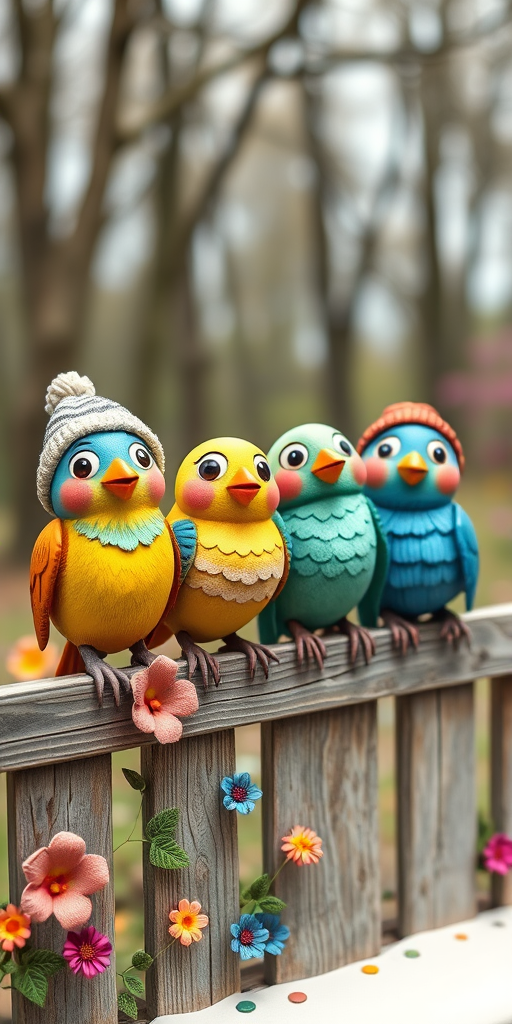 create a scene of 4 quirky  whimsical colourful comical birds each with a funny expression. they are sat on a wooden fence with colourful flowers. they are all different sizes. each one is a different colour  one is wearing a woolly hat. Each one has a different quirky google expression and there is a muted background of trees watercolour paintierly style high definition 8k resolution 3D paper mache