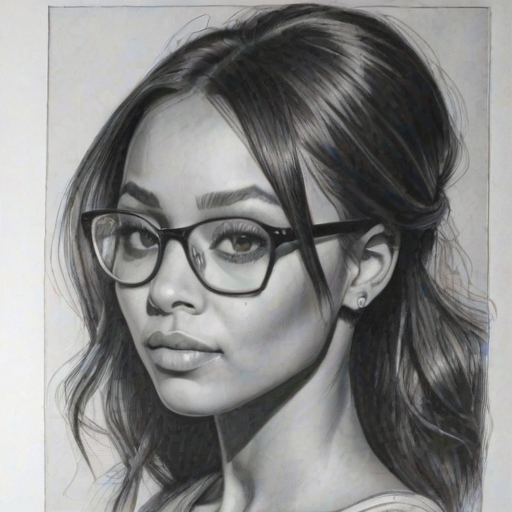 Pleasing Katerina Graham, pencil sketch, portrait of Pleasing woman 1975s in glasses, hair style beatnik, outline, clear lines, fine lines, 8k