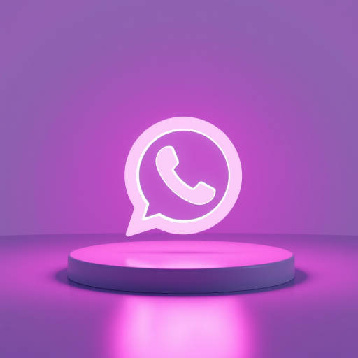 Create a 3D render of a glowing WhatsApp logo on a smooth surface with a gradient background, using a DSLR camera with a 50mm lens, aperture set to f/1.8, ISO 100, shutter speed 1/100s, in a soft-focus, studio lighting environment to enhance the image quality.