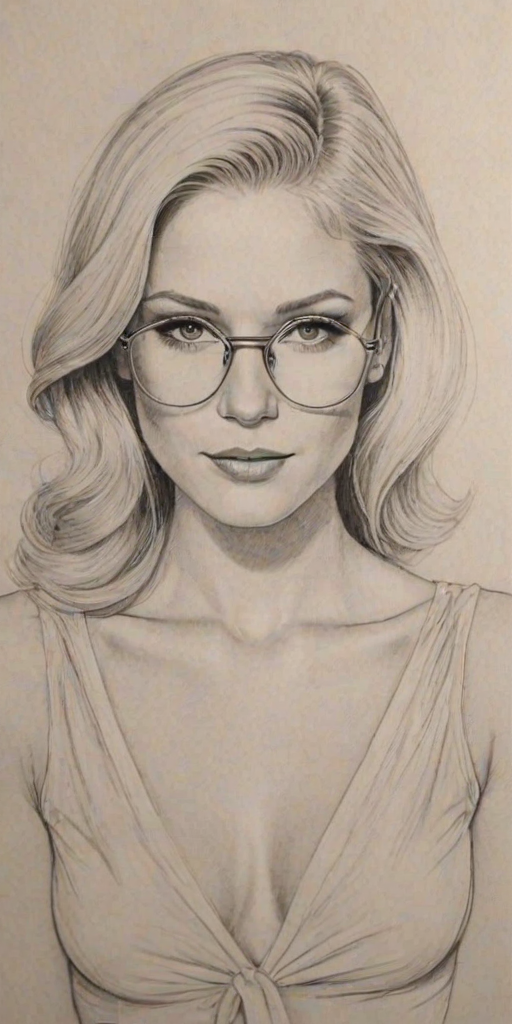 Fascinating Heidi Montag, pencil sketch, portrait of Gorgeous woman 1933s in glasses, hair style beatnik, outline, clear lines, fine lines, 8k