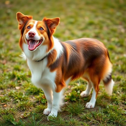 A happy brown and white border collie standing on grass, taken with a Canon EOS R5 camera, 50mm lens, aperture f/1.8, shutter speed 1/200s, ISO 200, in natural lighting, focused close-up view.