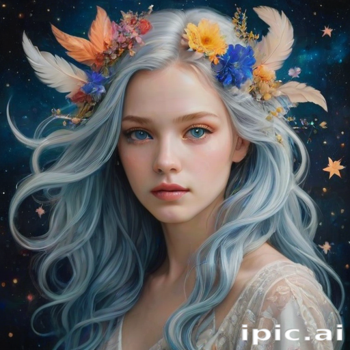 Create a series of imaginative portraits where each subject is infused with elements of fantasy and nature. The hair of the individuals should flow like clouds, varying from soft, fluffy cumulus to wispy cirrus strands, with hints of color reflecting a sunset or a clear blue sky. The eyes should be windows to entire galaxies, with stars, nebulae, and distant planets visible within them. Clothing should be adorned with nature motifs, such as floral patterns that bloom and change, vines that seem to grow and wrap around, or feathers that shimmer with iridescence. Each portrait should capture a unique personality, blending human features with the ethereal beauty of the natural and cosmic world. The backgrounds can vary, from starry night skies to enchanted forests, adding depth and context to the magical realism of the portraits
