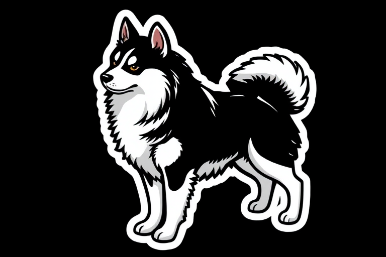 imagine sticker, 3D black and white jindo dog breed, black background