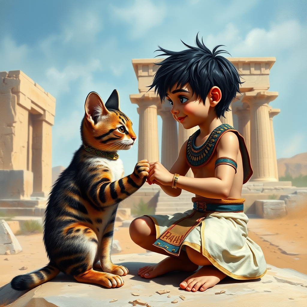 Airbrush, whimsical, glossy oil painting, hyper realism of an Ancient Egyptian boy with black messy short hair, wearing an Ancient Egyptian outfit, bare feet, sitting on a stone in front of a temple, fist bumping with his Ancient Egyptian cat, the boy and the cat looking to each other proudly.