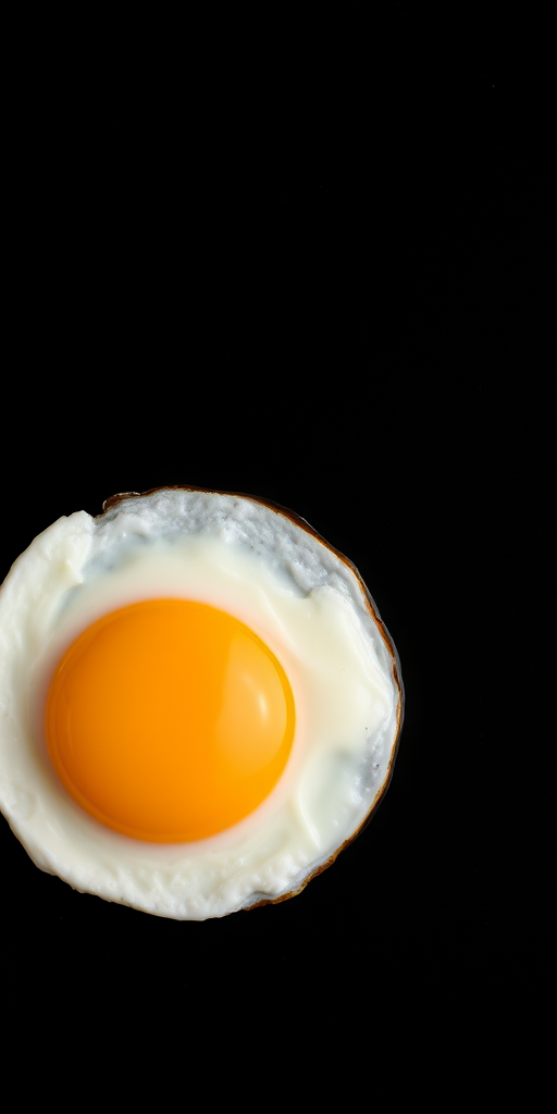 Create a high-resolution image of a fried egg on a black background using a DSLR camera with a 50mm lens, aperture set to f/2.8, ISO 100, and a soft, diffused lighting setup for enhanced clarity and color vibrancy.
