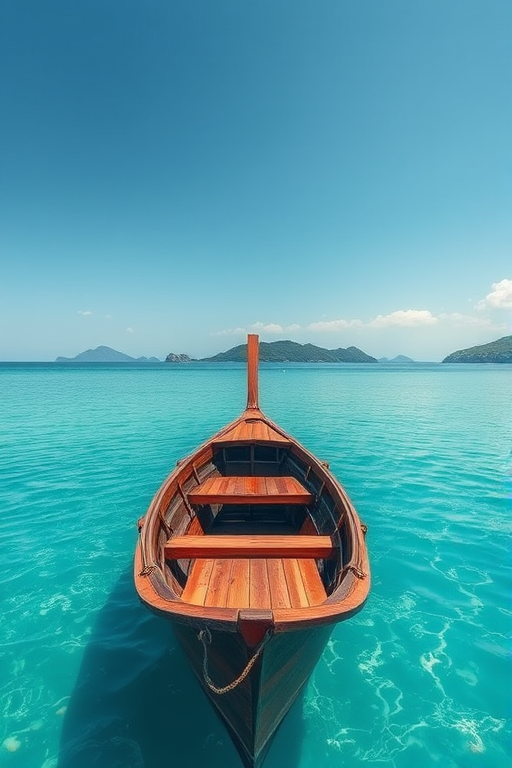 generate a serene watercolor painting of a wooden boat on calm turquoise waters with distant islands, use a Canon EOS R5 with a 24-70mm lens, f/8 aperture, ISO 200, 1/125s shutter speed, and a wide-angle view to enhance depth and detail.