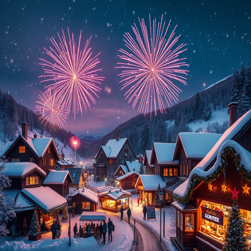 Create a vibrant winter holiday scene with fireworks in the night sky over a snowy village, featuring cozy houses, a bustling market, and festive decorations, captured with a DSLR camera at f/4, ISO 200, 1/60 sec, wide-angle lens, capturing a warm and joyful atmosphere.