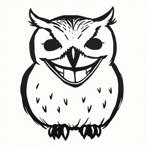 Abstract black and white acrylic portrait of an over exaggerated laughing (owl). Minimalism style. White background.
