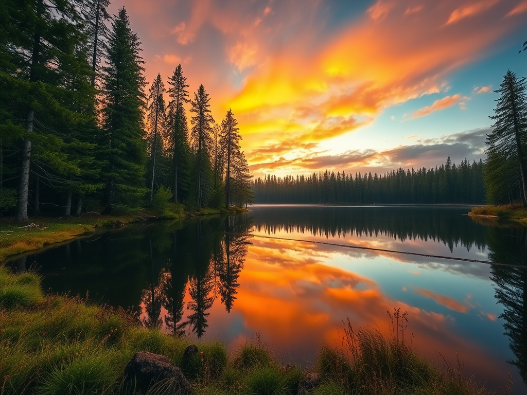 Create a high-resolution image of a serene forest landscape at sunset, with vibrant colors in the sky, soft lighting, and a clear reflection on a tranquil lake, taken with a Canon EOS R5, 24mm lens, f/8 aperture, ISO 100, and a low angle view for depth.