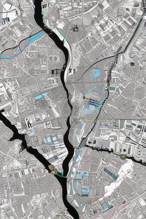 black and white map of Kyiv, created in the doodle art, meditation style coloring pages with a lot of intricate details incorporating ethnic Ukrainian themes pertaining to the region. Bird-eye view map of the city. Make sure there is a trident and a chestnut leaf image