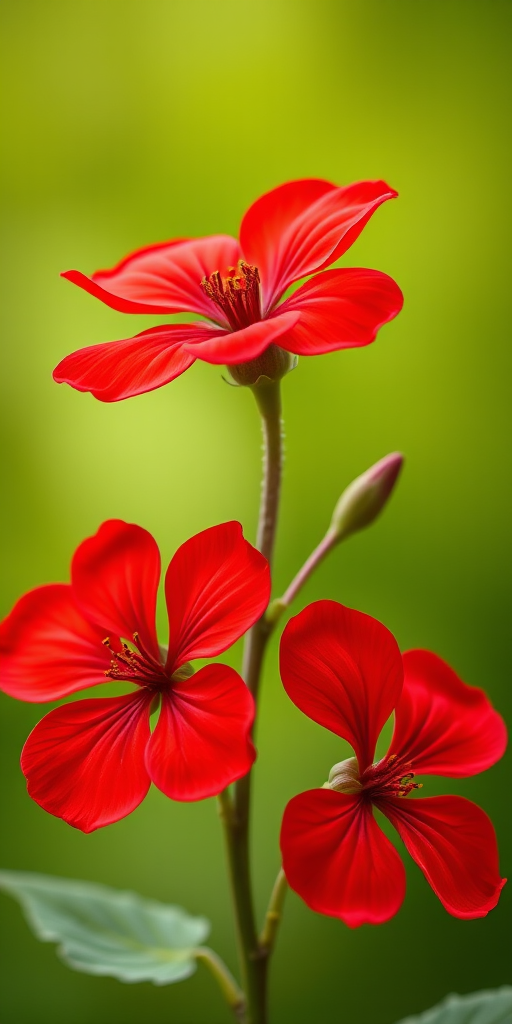 Generate an illustration of three vibrant red flowers with smooth petals and green leaves against a soft green background, using a Canon EOS R5, aperture f/2.8, focal length 50mm, in a macro photography style for enhanced detail and color saturation.