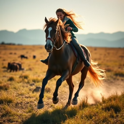 Blurry action shot of a horse galloping through a grassy field, mane flowing in the wind, rider holding the reins tightly, sunlight casting long shadows on the ground, distant mountains in the background, soft dust kicked up by the horse's hooves.