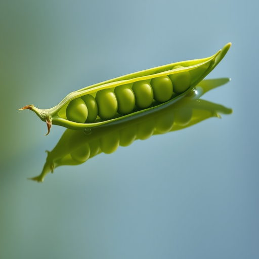 Create an image of a green pea pod with intricate details, reflecting on a calm water surface, taken with a DSLR camera, ISO 100, f/2.8 aperture, 50mm lens, natural sunlight for soft illumination, close-up shot to emphasize texture and color.