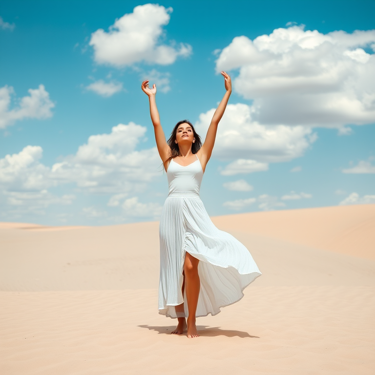 A woman in a white outfit with a flowing skirt stands in a sandy landscape under a blue sky with clouds, posed with arms raised, captured with a Canon EOS R5, 50mm lens, f/1.8 aperture, 1/200 sec shutter speed, and ISO 100 in natural light, focusing on the subject with a shallow depth of field.
