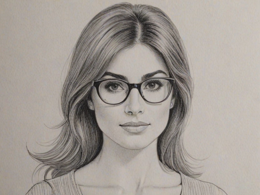 Beauteous Ada Nicodemou, pencil sketch, portrait of Radiant woman 1966s in glasses, hair style beatnik, outline, clear lines, fine lines, 8k