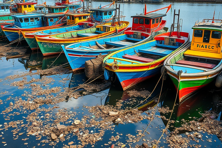 Regenerate an image of colorful fishing boats docked in a harbor with a polluted water surface covered in debris, shot with a DSLR camera at f/8 aperture, ISO 100, 24mm focal length, wide-angle perspective, in natural lighting.
