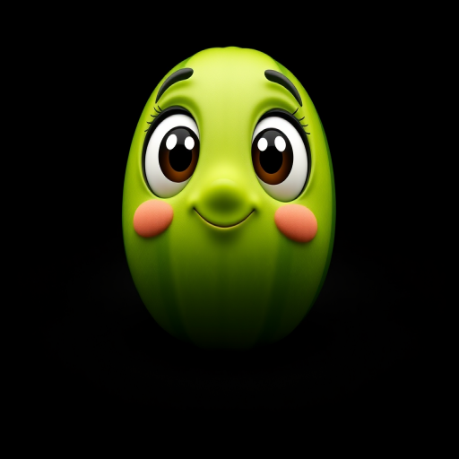 cartoon cucumber with a cute face and large eyes, vibrant green color, on a plain black background, 50mm lens, f/2.8 aperture, ISO 100, studio lighting, high-resolution image