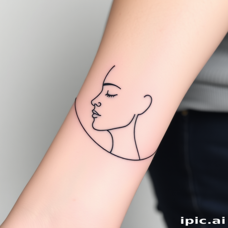 Minimalist line art body tattoo of a continuous one-line face profile wrapping around the wrist, executed in fine black ink for a delicate and modern aesthetic