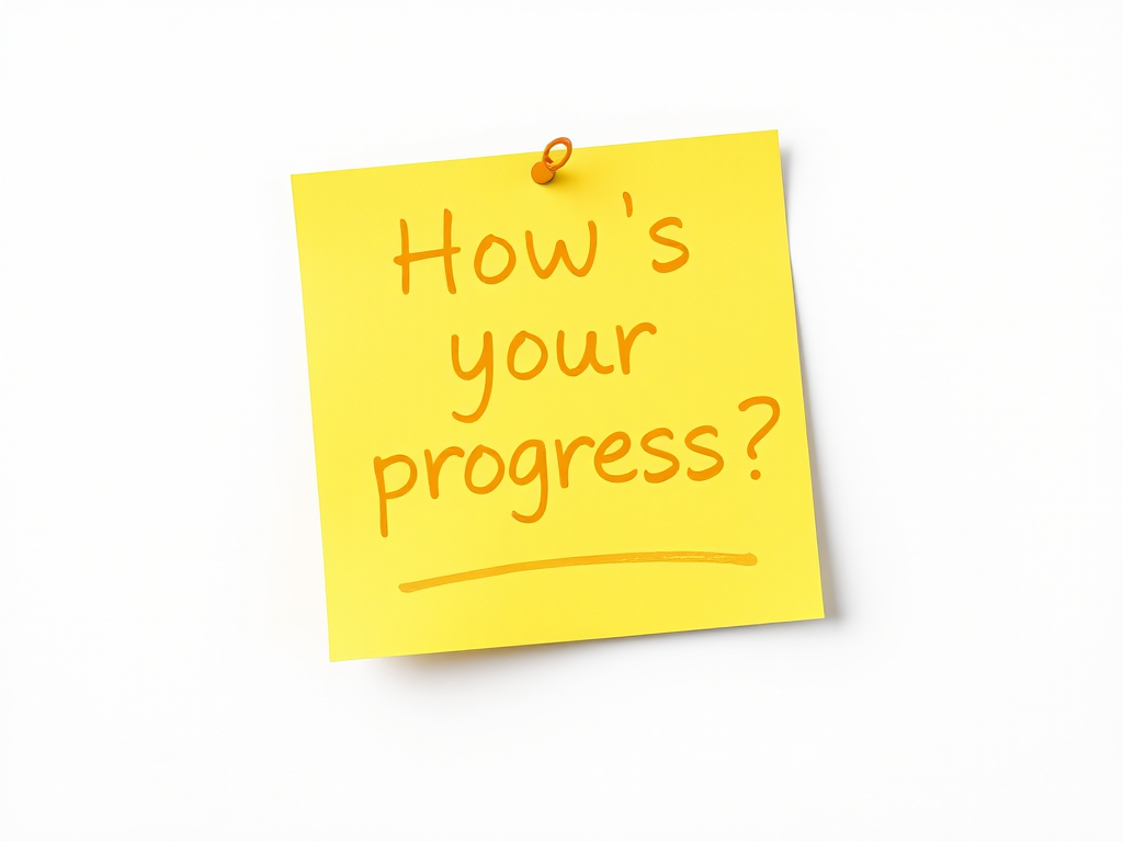 Yellow post-it note, hand written in Yellow pen text "How's your progress??", 3d, hd, hyper realistic,