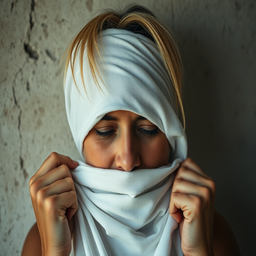 Create a close-up photographic image of a Maori woman with light skin tones shown against an old, worn wall. Their head is wrapped in a white cloth covering (i.e.... parts of the head except the nose and mouth, which are open as if they are screaming...), with a slight texture and visible folds in the fabric. Thin strands of blonde hair escape from the wrapping above, falling lightly at the top and sides. Their hands hold the fabric as if they are tugging nervously. The lighting is dramatic and even, casting strong shadows. The image has a minimalist and surreal style with an emphasis on simplicity with soft color tones. The composition is centered.