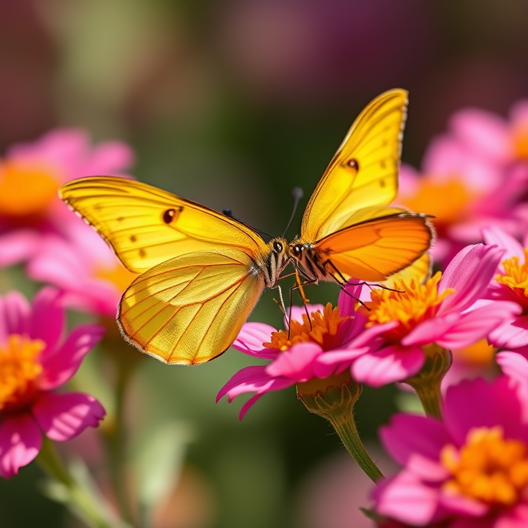 capture a vivid macro shot of a bright yellow butterfly feeding on vibrant pink flowers, soft bokeh background, use a 100mm f/2.8 macro lens, aperture set at f/2.8, ISO 200, shutter speed 1/250s, natural lighting