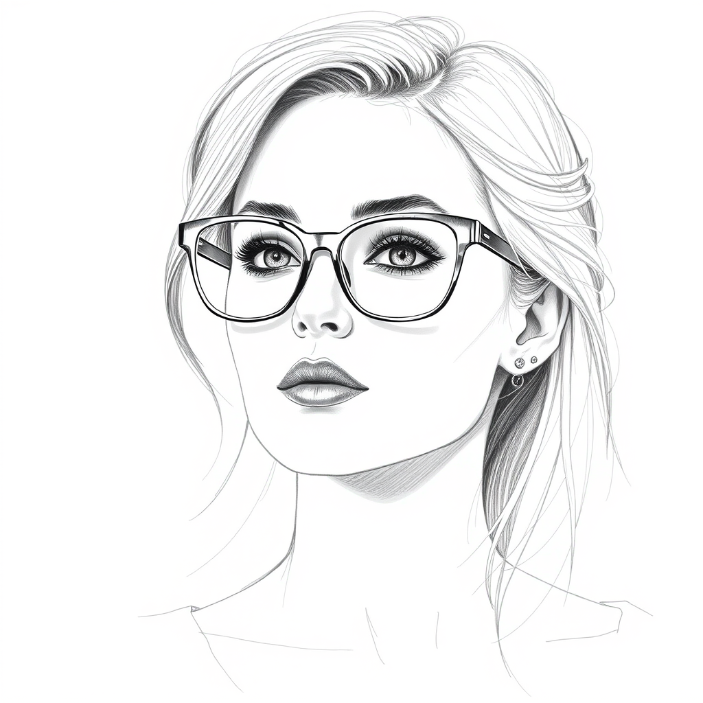 Beautiful Margot Robbie, pencil sketch, portrait of beautiful woman 60s in glasses, hair style beatnik, outline, clear lines, fine lines, 8k