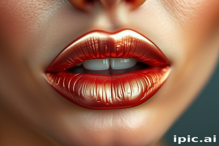 Shimmering rose gold lips with a metallic sheen, catching the light beautifully, accentuating the natural contours and creating an alluring three-dimensional effect