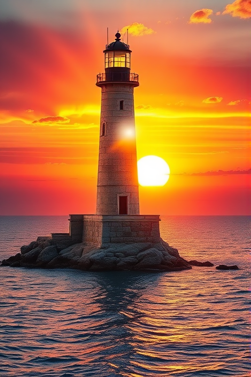 Generate an image of a tall lighthouse perched on a rocky outcrop surrounded by calm ocean waters during a breathtaking sunset. The lighthouse stands sturdy and weathered, its stone surface illuminated by the warm golden light of the setting sun. The sun's rays pass directly through the glass lantern room at the top of the lighthouse, casting a brilliant light across the scene. The sky is painted with vibrant shades of orange, pink, and purple, reflecting off the tranquil sea. The surrounding water shimmers with the same warm hues, creating a serene and majestic atmosphere.