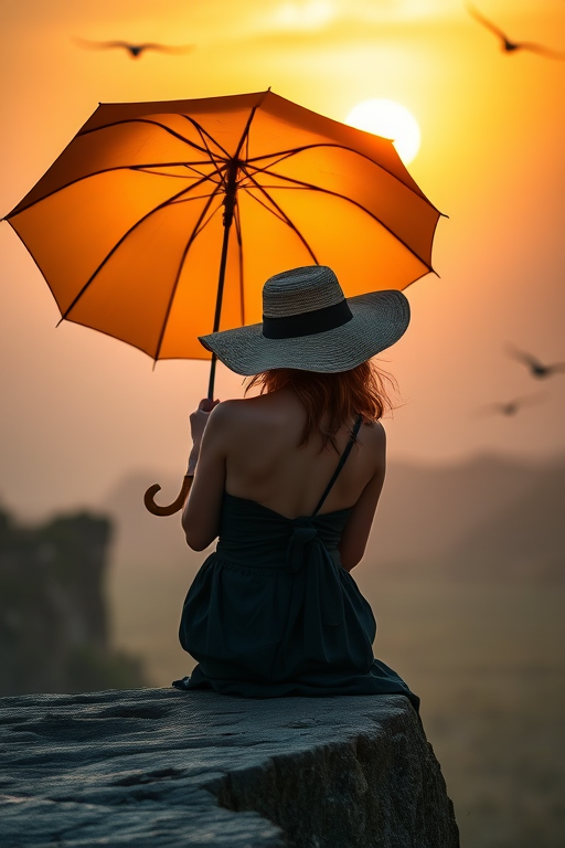 woman sitting on a cliff at sunset holding an umbrella, wearing a wide-brimmed hat, soft golden light, birds flying in the background, shallow depth of field, ISO 200, f/2.8, 1/250s, 50mm lens, portrait photography, DSLR camera