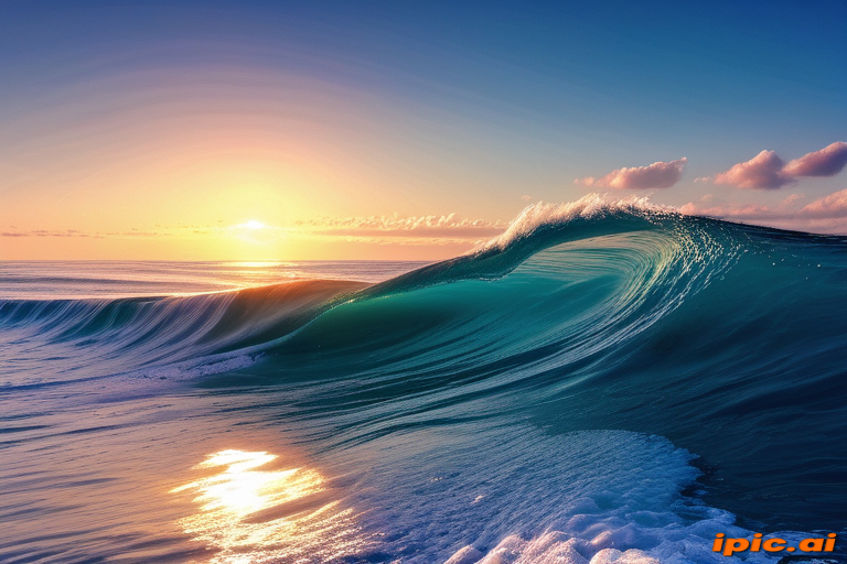 Majestic Ocean Waves Glowing Under a Vibrant Sunset Sky at Dusk