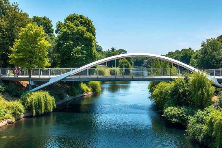 Create a high-resolution image of a modern, intricate bridge over a river surrounded by lush greenery during a clear day, using a DSLR camera with a 50mm lens, aperture f/8, ISO 100, and a soft natural lighting effect.