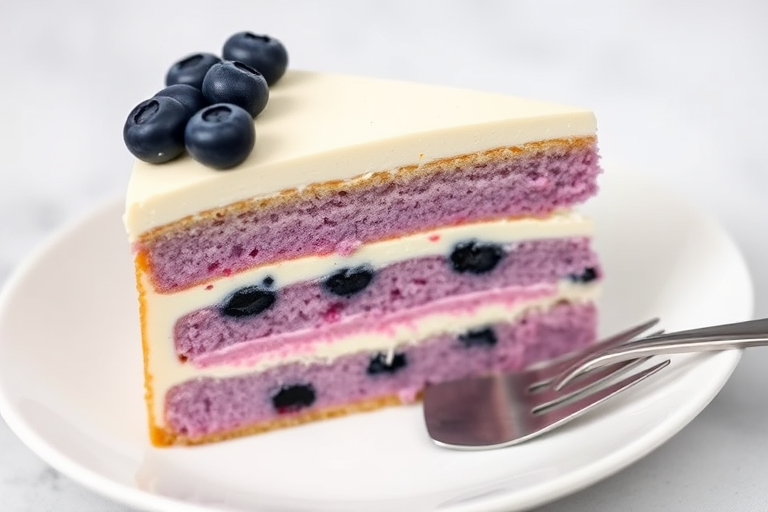 A slice of blueberry cake with creamy frosting on top and fresh blueberries as decoration served on a white plate with a fork beside it. The cake has multiple layers, showcasing a mix of purple and white cream filling.