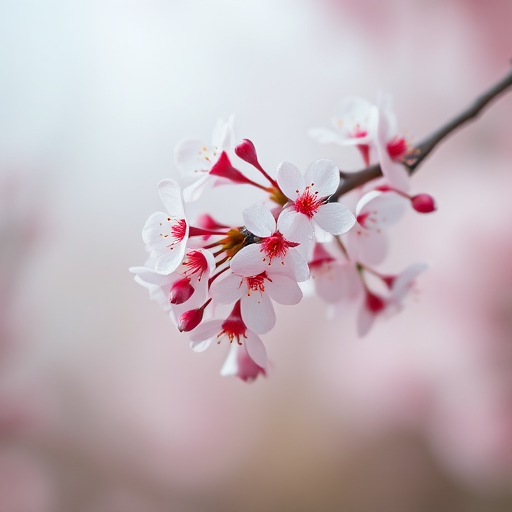 regenerate an image of cherry blossoms on a branch with a gradient background, using a Canon EOS R5, 50mm lens, f/2.8 aperture, ISO 100, 1/200 sec exposure, soft focus style, high resolution