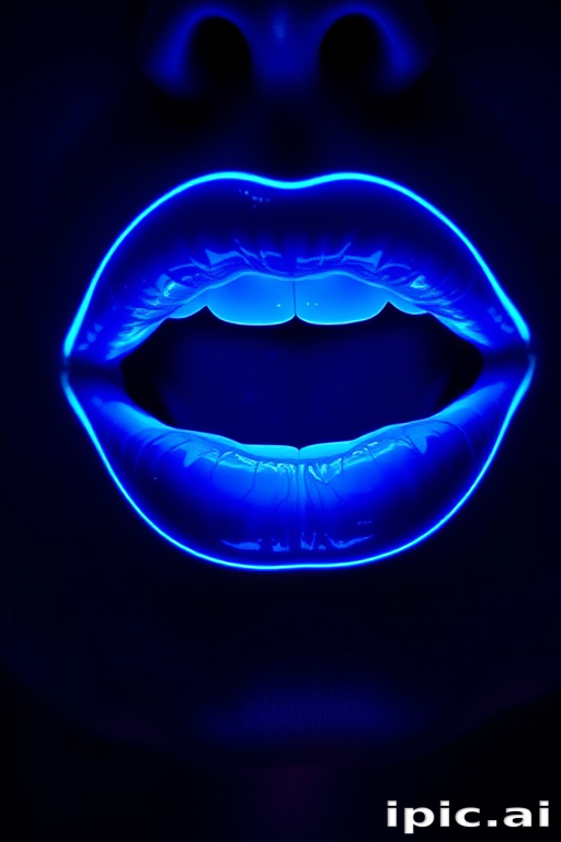 Vibrant neon lips glowing in electric blue with a glossy finish, emitting an otherworldly radiance that captivates and mesmerizes