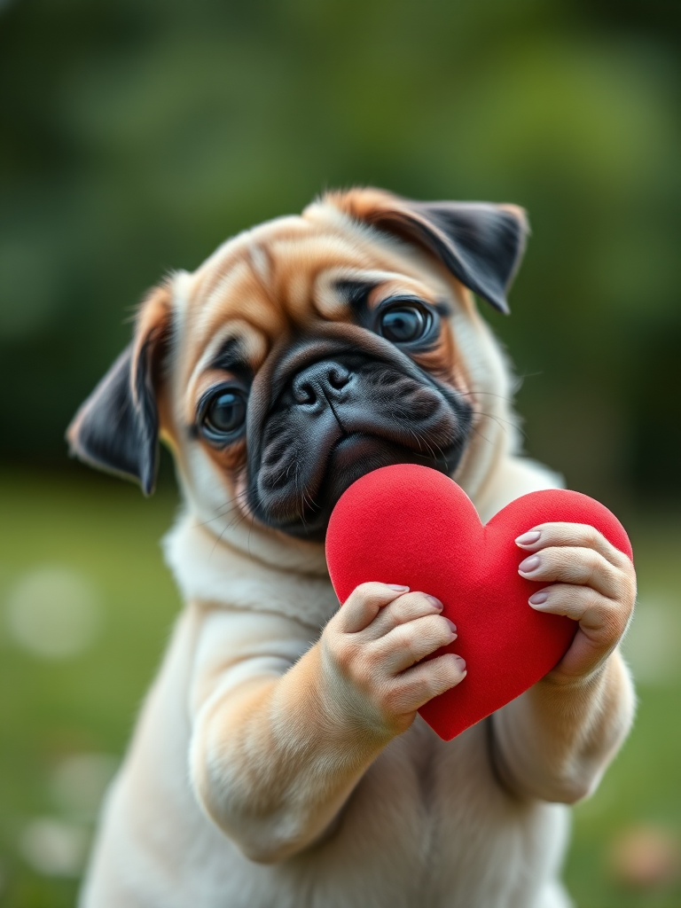 A cute pug puppy holding a red heart in its paws, softly lit, with a blurred green background, shot with a Canon EOS R5, 50mm lens, f/1.8 aperture, ISO 100, in a natural light setting to enhance details and depth.