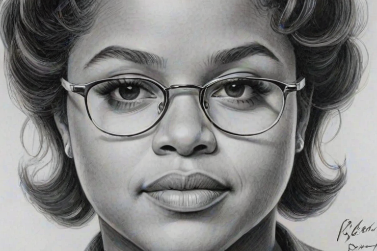 Attractive Chandra Wilson, pencil sketch, portrait of Bewitching woman 1966s in glasses, hair style beatnik, outline, clear lines, fine lines, 8k