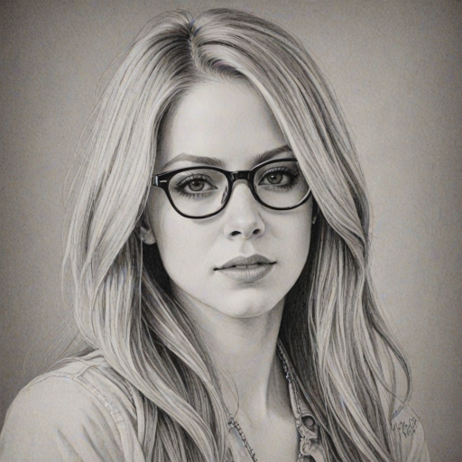 Exquisite Avril Lavigne, pencil sketch, portrait of Enchanting woman 1939s in glasses, hair style beatnik, outline, clear lines, fine lines, 8k