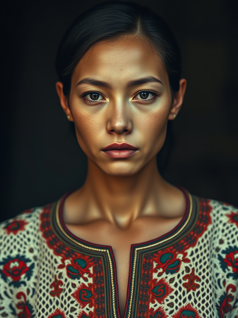 Face, shoulders, chest covered in openwork Tajik embroidery. Raw, unedited image.