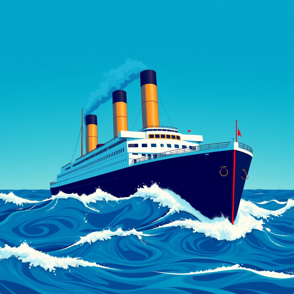 Create an illustration of a large ocean liner ship with two smokestacks, sailing on vibrant blue waves, using a digital art style with high contrast colors and clean outlines, shot with a Canon EOS R5 at f/8, ISO 100, and a 24mm lens for a crisp and detailed view.