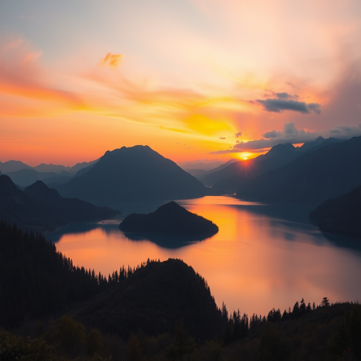 Generate an image of a serene landscape featuring a tranquil lake surrounded by mountains at sunset, with vibrant colors and smooth reflections, captured with a Canon EOS R5, 24mm lens, f/8 aperture, ISO 100, and 1/200 sec exposure in landscape orientation to enhance image quality.