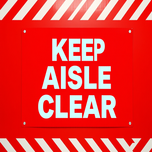 Create a vibrant sign displaying "KEEP AISLE CLEAR" in bold white letters on a red background, with diagonal white and red stripes bordering the edges, taken with a digital camera at f/8 aperture, 1/200 second shutter speed, ISO 200, and a 24mm lens in a flat lay style.