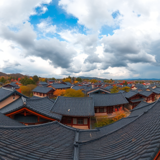 capture a panoramic view of traditional Korean rooftops in a historical village during autumn, with dramatic clouds in the sky, using a DSLR camera with a 24mm lens, aperture f/8, ISO 200, and shutter speed 1/200 sec for enhanced depth and clarity