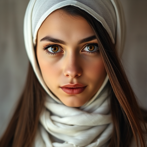 Create a portrait of a young Caucasian woman with long, dark hair and captivating hazel eyes. She is wearing a white headscarf and a matching scarf draped gracefully around her neck. The background is softly blurred, focusing attention on her serene and natural expression. The overall color palette is muted and warm, enhancing the intimate and authentic feel of the portrait.