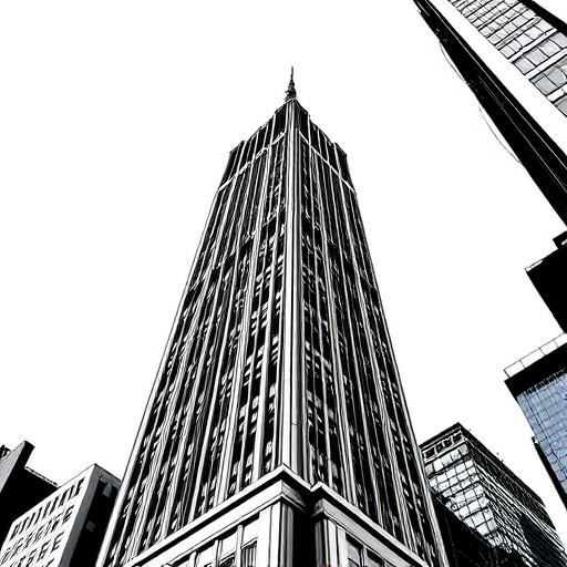 Create a detailed vector illustration of the Empire State Building from a low angle view with high contrast black and white, using a digital camera setting of f/8 aperture, ISO 100, and shutter speed of 1/200s, in a realistic architectural style.