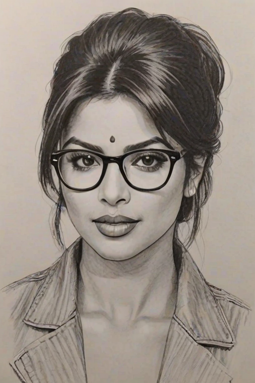 Fascinating Priyanka Chopra, pencil sketch, portrait of Captivating woman 1972s in glasses, hair style beatnik, outline, clear lines, fine lines, 8k