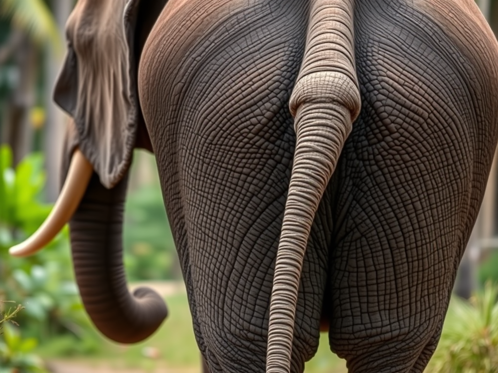 Capture a close-up shot of an elephant from behind, showcasing its textured skin and tail, with a shallow depth of field to blur the background, taken with a Canon EOS 5D Mark IV, aperture f/2.8, ISO 400, shutter speed 1/250s, natural light in a tropical forest setting.