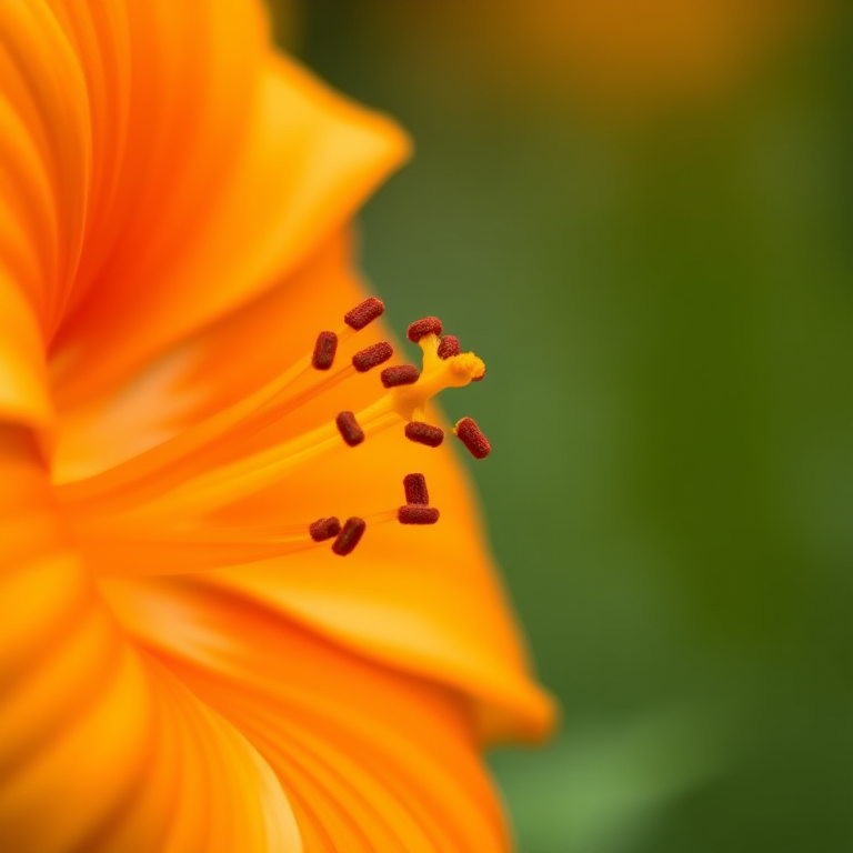 macro shot of an orange flower with detailed stamen and vibrant colors, shallow depth of field, f/2.8, 50mm lens, ISO 100, natural light photography, DSLR camera