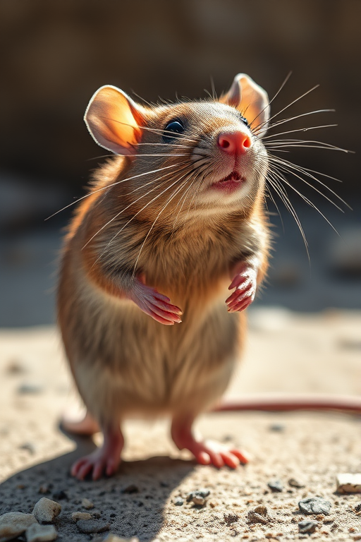 Create a detailed illustration of a standing rat with a realistic texture, sharp focus, taken from a low angle using a DSLR camera with a 50mm lens, aperture set to f/2.8, ISO 100, with natural lighting to enhance shadows and highlights.