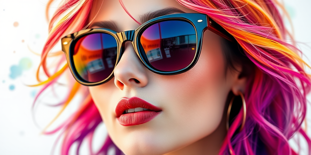Create a vibrant watercolor portrait of a woman with colorful hair and oversized sunglasses, using a Canon EOS R5, 85mm f/1.2 lens, ISO 100, aperture f/4, with soft natural lighting and a shallow depth of field to enhance the colors and details.