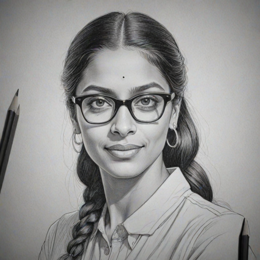 Splendid Lilly Singh, pencil sketch, portrait of Wonderful woman 1934s in glasses, hair style beatnik, outline, clear lines, fine lines, 8k